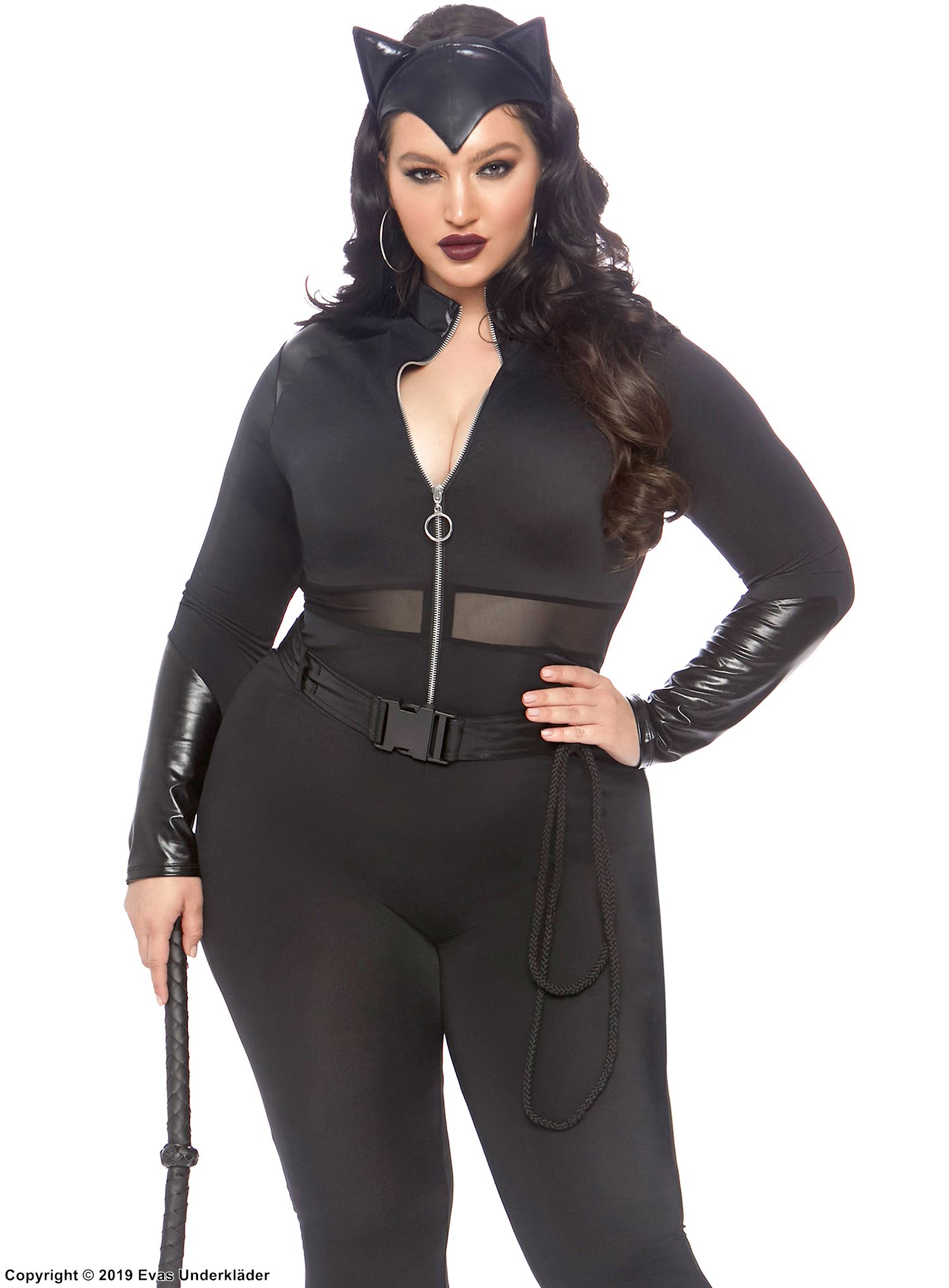 Catwoman, body costume, wet look, long sleeves, front zipper, XL to 4XL